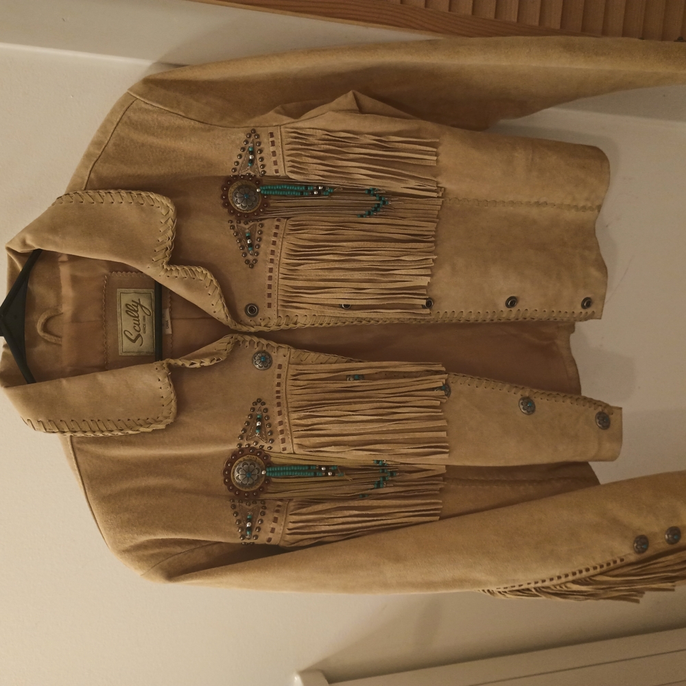 Tan Fringe Leather Jacket with Beaded Accents